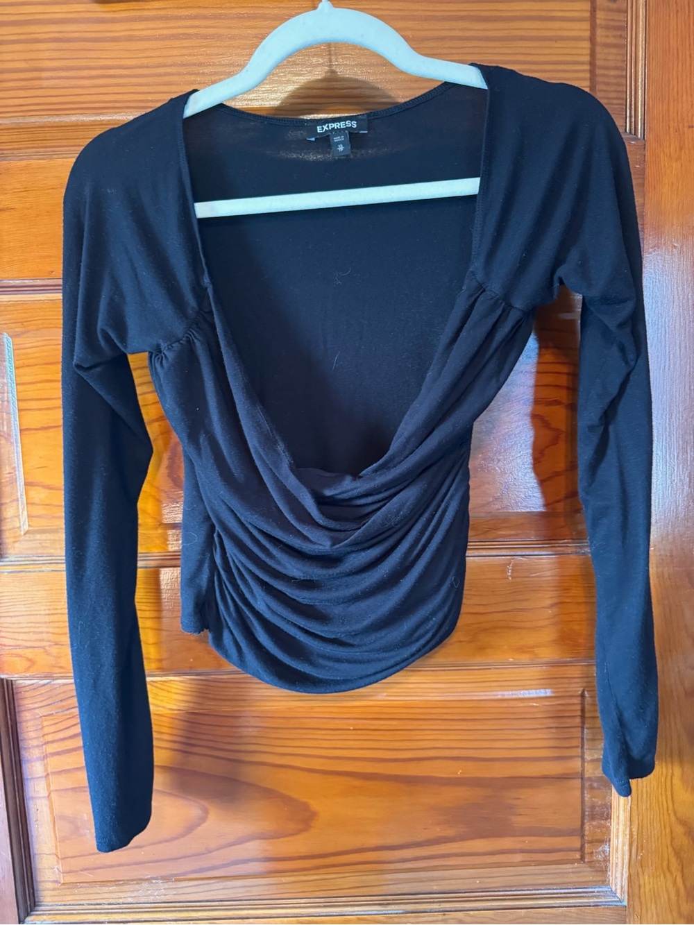 Express Black Long-Sleeve Draped Ruched-Front Top